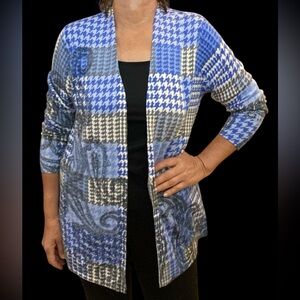 Talbots Blue and Gray Houndstooth Open Cardigan 100% merino wool size L